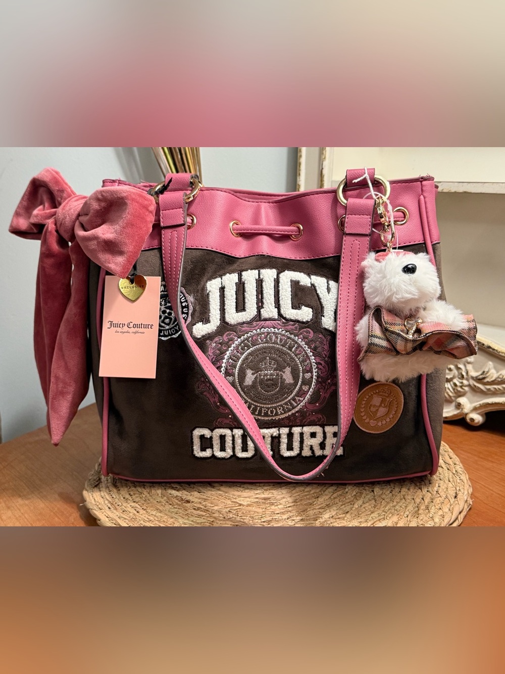 Juicy Couture Pink and Brown Velvet Logo Tote w/ Gold Hardware & Scottie Dog